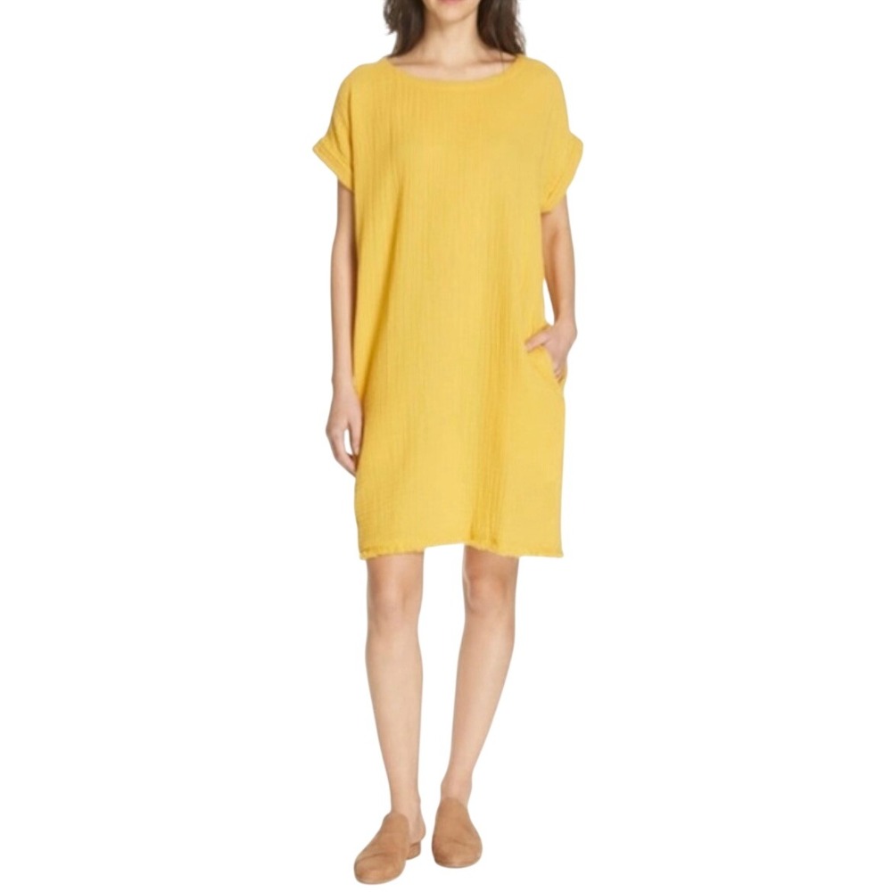 Eileen Fisher Organic Cotton Gauze Shift Dress Pockets Women's S Mustard Yellow